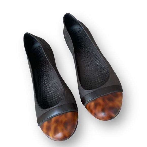 CROCS Brown Tortoise Shell Cap Toe Ballet Flats Shoes Women's size 7 - Picture 10 of 12